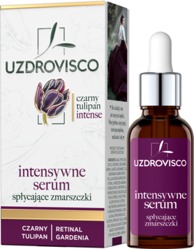 Intensywne serum przeciwzmarszczkowe Uzdrovisco Czarny Tulipan Intense, butelka z pipetą i pasujące pudełko.