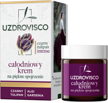Uzdrovisco Czarny Tulipan Intense krem: śliwkowy słoik z białym wieczkiem i kartonowe pudełko z grafiką tulipana.