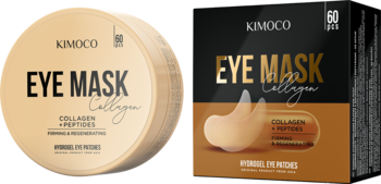 Kimoco Beauty hydrożelowe płatki pod oczy z kolagenem i peptydami, w beżowym słoiczku i czarno-złotym pudełku.