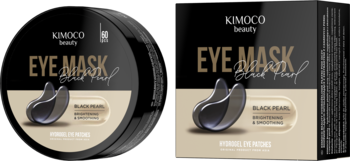 Czarne opakowania Kimoco Beauty: słoik i pudełko hydrożelowych płatków pod oczy Black Pearl, widok z przodu.