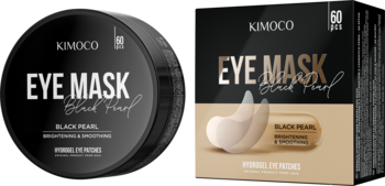 Kimoco Beauty Eye Mask Black Pearl, hydrożelowe płatki pod oczy, czarny słoik i pudełko z widocznymi plastrami.