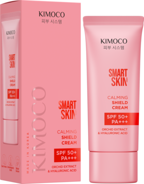 Różowy nawilżający krem KIMOCO SMART SKIN Calming Shield SPF50+ PA+++ w tubce i pudełku, z orchideą.