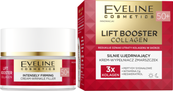 Eveline Lift Booster Collagen krem-wypełniacz zmarszczek 50+ w białym słoiku i czerwonym pudełku, widok z przodu.