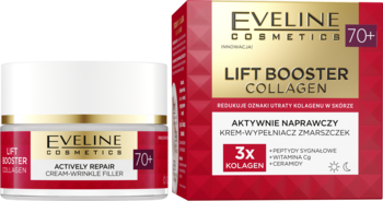 Krem Eveline 70+ Aktywnie Naprawczy w białym słoiku, obok czerwonego pudełka Lift Booster Collagen.