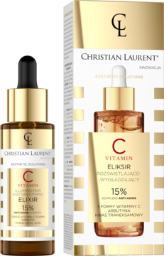 Christian Laurent Vitamin C Elixir 15% w bursztynowej butelce z zakraplaczem obok złotego kartonu.
