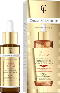 Christian Laurent Triple Serum Advanced Anti-Aging Concentrate 10% w złotej butelce z kroplomierzem i opakowaniem.