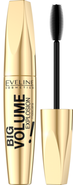Eveline Big Volume Explosion tusz w złotej butelce z czarną szczoteczką silikonową, na czarnym tle.