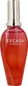 Woda toaletowa Escada Flor Del Sol, czerwona butelka z srebrną nakrętką, widok z przodu, zapach kwiatowo-owocowy.