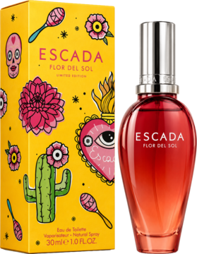 Escada Flor Del Sol kwiatowo-owocowa woda toaletowa. Czerwona butelka i żółte pudełko z meksykańskimi wzorami.