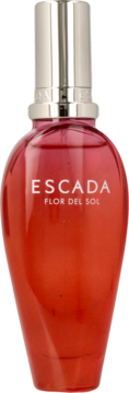 Woda toaletowa Escada Flor Del Sol w unikalnej czerwonej butelce, srebrny korek, widok z przodu.