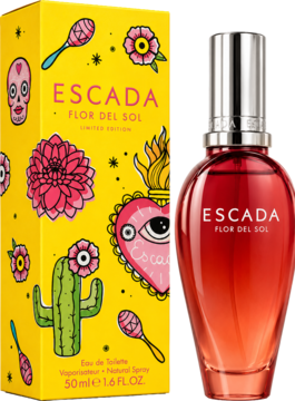 Escada Flor Del Sol, damska kwiatowo-owocowa woda toaletowa w czerwono-żółtej butelce i zdobionym pudełku, z przodu.