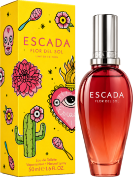 Escada Flor Del Sol damska woda toaletowa 50ml: czerwona butelka, żółte pudełko z motywami kwiatowymi i kaktusem.