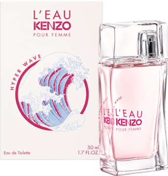 Kenzo L'Eau Pour Femme Hyper Wave: różowa woda toaletowa 50ml w szklanej butelce, obok pudełka z różową falą.