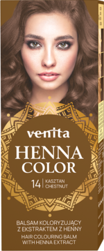 Venita Henna Color 14 Chestnut hair balm with henna extract, brown box, woman with wavy brown hair, front.