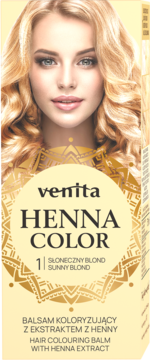 Venita Henna Color Sunny Blond balsam koloryzujący z henną, złote opakowanie z blond kobietą, widok z przodu.