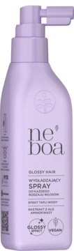 Fioletowy spray Neboa Glossy Hair wygładzający, efekt tafli wody, z pompką, widok z przodu.