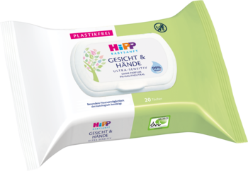 Paczka chusteczek HiPP Babysanft Ultra Sensitive do twarzy i rączek, biało-zielona z klapką, widok z przodu.