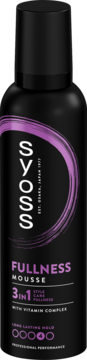 Czarna pianka do włosów SYOSS Fullness Mousse 3w1 z fioletowym logo i indeksem utrwalenia 4, widok z przodu.