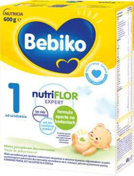 Bebiko 1 nutriFLOR EXPERT, mleko początkowe dla niemowląt, żółte opakowanie 600g, bez oleju palmowego.