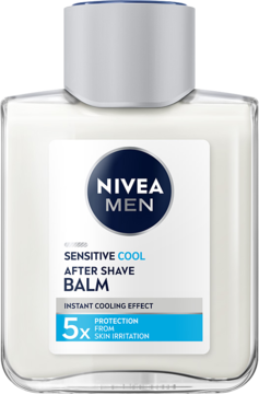NIVEA MEN Sensitive Chłodzący Balsam po goleniu, biała butelka, niebieska etykieta, dla wrażliwej skóry.