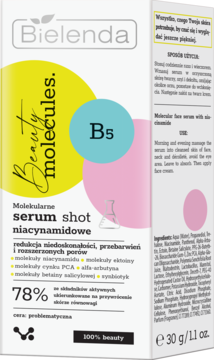 Bielenda Molekularne serum shot niacynamidowe, białe opakowanie z grafiką B5 do cery problematycznej, widok z przodu.