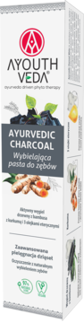 Białe pudełko AYOUTH VEDA Ayurvedic Charcoal White Toothpaste, przód, z grafiką węgla i kurkumy.