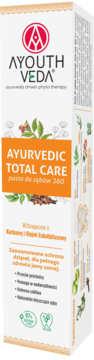 Ayouth Veda Ayurvedic Total Care Pasta do zębów 360, biało-pomarańczowe opakowanie, widok z przodu.