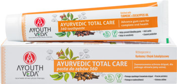 Pasta do zębów Ayouth Veda Ayurvedic Total Care 360: tubka na opakowaniu, biało-pomarańczowa z ziołami.