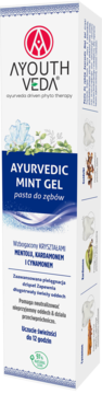AYOUTH VEDA Ayurvedic Mint Gel, pasta do zębów z mentolem, kardamonem, cynamonem, biało-niebieskie pudełko, widok z przodu.