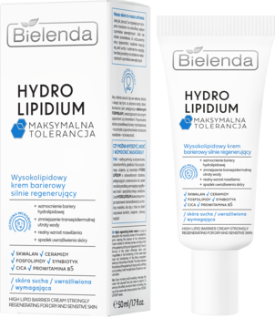 Bielenda Hydro Lipidum wysokolipidowy krem regenerujący w białej tubce z niebieskimi akcentami i kartoniku.