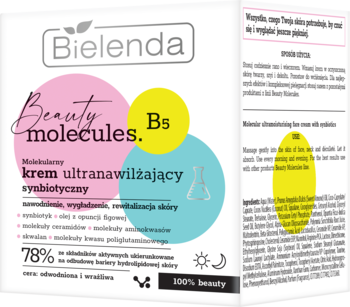 Bielenda Beauty Molecules ultranawilżający krem synbiotyczny. Białe opakowanie z różowo-niebieskimi grafikami, widoczne żółte kółka.