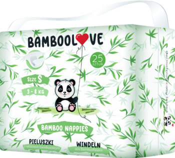 Bamboolove pieluszki jednorazowe bambusowe S (3-8kg), 25 szt. Białe opakowanie z zielonymi liśćmi i pandą.