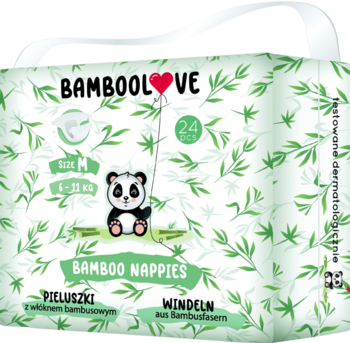 Bamboolove pieluszki bambusowe rozmiar M 6-11 kg z rysunkiem pandy, biało-zielone opakowanie, widok z przodu.