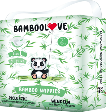 Białe opakowanie bambusowych pieluszek Bamboolove L (9-14 kg) z zielonymi liśćmi, pandą i napisem, z przodu.