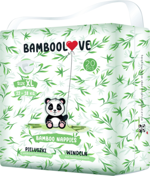 Białe opakowanie pieluch bambusowych BAMBOOLOVE XL, 20 sztuk, z zielonym wzorem liści i pandą z sercem.
