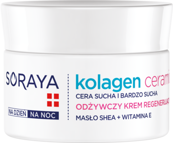 Soraya kolagen ceram odżywczy krem regenerujący na dzień/noc, do skóry suchej, w białym słoiczku.
