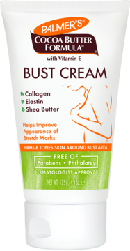 Biała tubka Palmer's Cocoa Butter Formula Bust Cream, ujędrniający krem z kolagenem i elastyną na rozstępy.