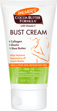 Biała tubka Palmer's Cocoa Butter Formula Bust Cream, ujędrniający krem z kolagenem i elastyną na rozstępy.