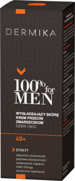 Dermika 100% for MEN krem przeciw zmarszczkom 40+ w ciemnym pudełku z pomarańczem, widok frontu i boku.