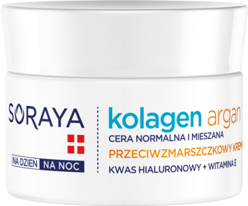 Soraya Kolagen Argan przeciwzmarszczkowy krem dzień/noc. Biały słoik z niebiesko-pomarańczowym napisem, widok przód.
