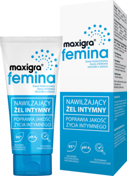 Maxigra femina, nawilżający żel intymny w białej tubce i opakowaniu z gradientem niebieskim, widok z przodu.