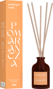 Dyfuzor zapachowy Pachnąca Szafa Pomarańcza 50ml z patyczkami, pomarańczowe opakowanie i brązowa butelka.