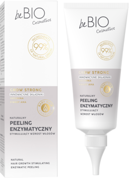 Biała tuba beBIO Cosmetics Grow Strong enzymatyczny peeling do włosów z złotym akcentem, obok pudełko, widok przodu.