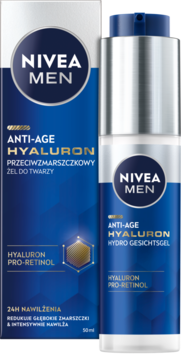 Opakowanie i butelka NIVEA MEN Anti-Age Hyaluron: niebieski żel przeciwzmarszczkowy z pompką, obok pudełka, widok z przodu.
