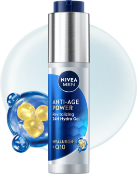 NIVEA MEN Anti-Age Power Hydro Gel Hyaluron+Q10, srebrno-niebieska butelka z pompką, widok z przodu na tle bąbelków.