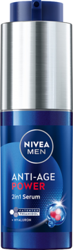 NIVEA MEN ANTI-AGE POWER serum dla mężczyzn, niebieska butelka z srebrnym dozownikiem, widok z przodu.