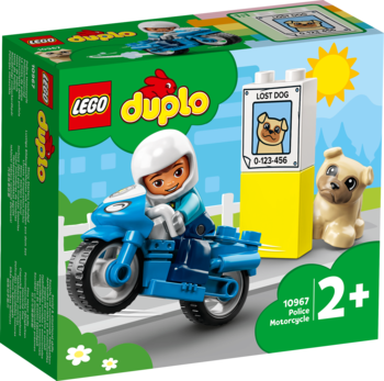 Opakowanie LEGO Duplo 10967 Motocykl policyjny, figurka na niebieskim motorze, mops i znak Zaginiony Pies.