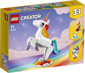 Pudełko LEGO Creator 3-w-1, biały model jednorożca z kolorową grzywą na tęczowej podstawie, widok z przodu.