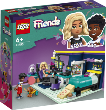 Pudełko LEGO Friends 41755 Pokój Nowy, z fioletowo-zielonym designem i scenką sypialni, widok z przodu.