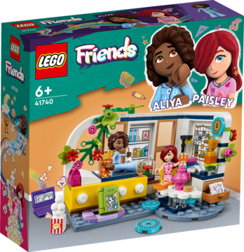 LEGO Friends 41740 Pokój Aliyi. Na pudełku scenka z dwiema lalkami, kotem i meblami do sypialni.